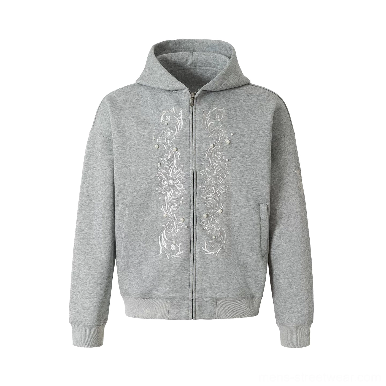 Heather gray ornate pearl embroidered boxy zip-up streetwear hoodie product image with relaxed oversized silhouette