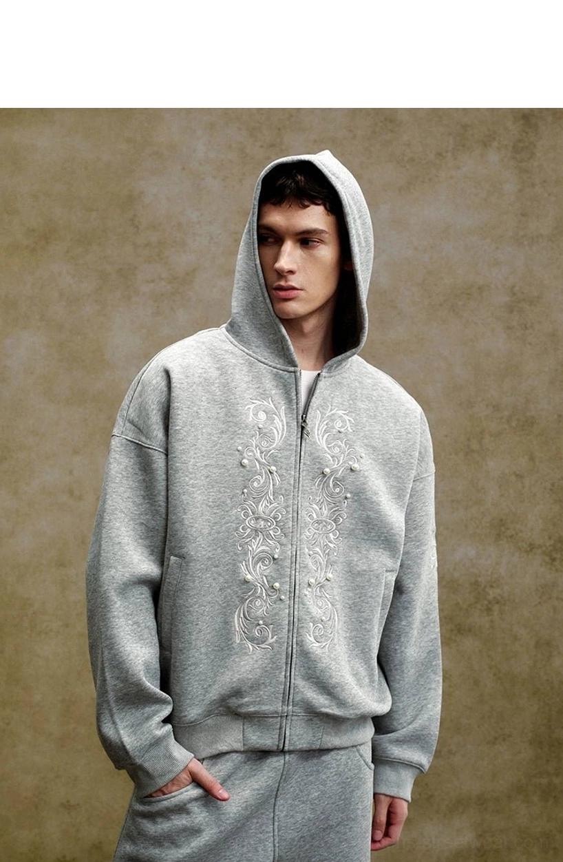 Heather gray ornate pearl embroidered zip-up hoodie with hood raised showing oversized Korean streetwear styling