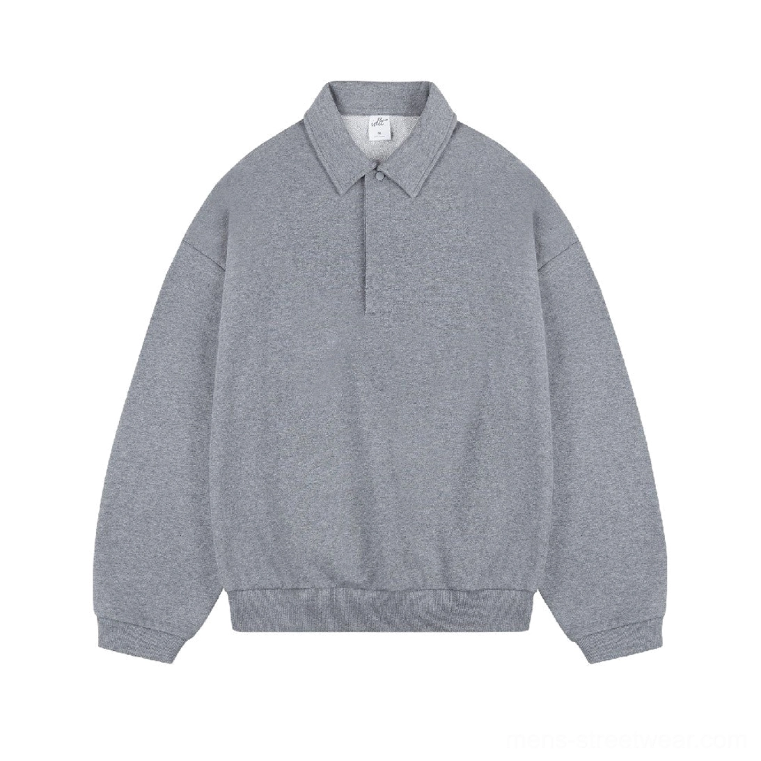 Heather gray oversized cotton polo sweatshirt with long sleeves ribbed cuffs and half placket collar