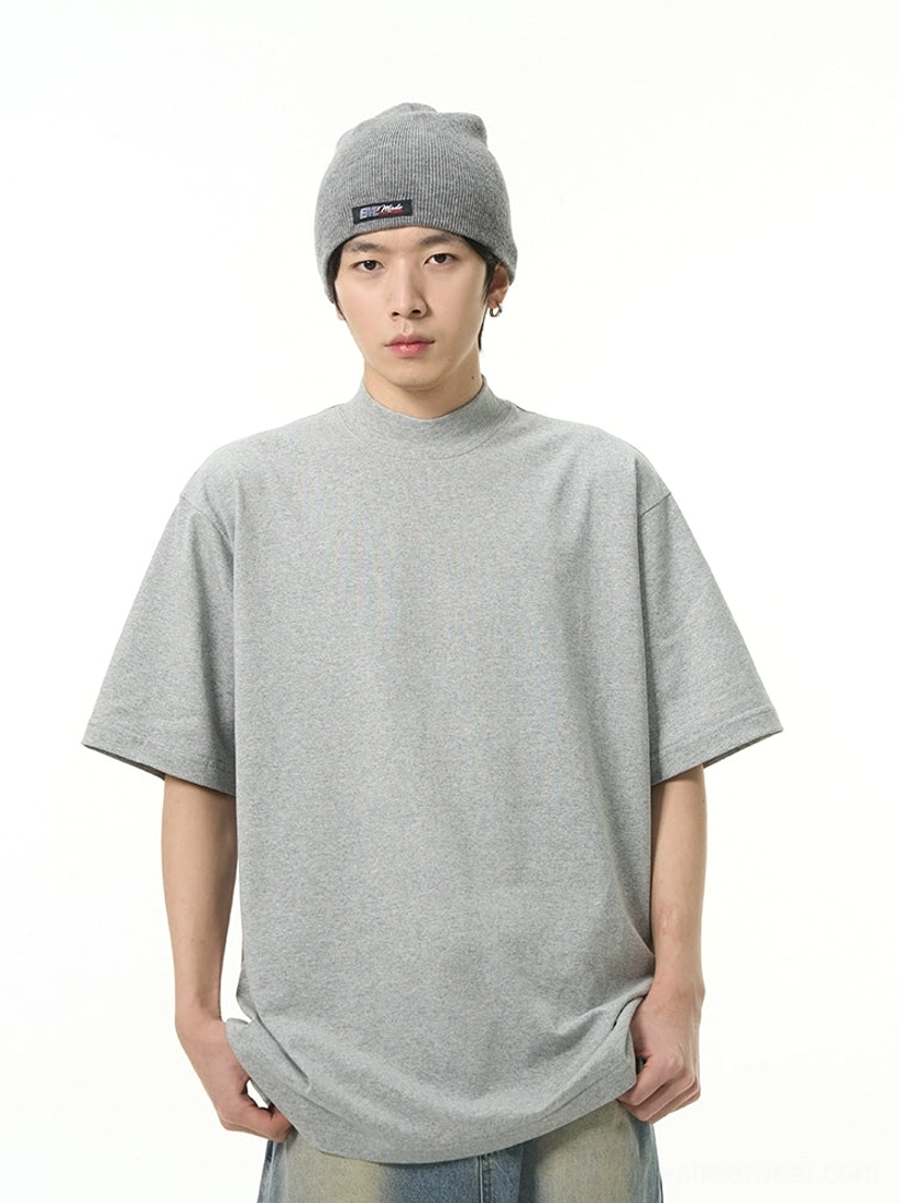 Heather gray oversized high neck cotton T-shirt with relaxed drop shoulder Korean streetwear fit