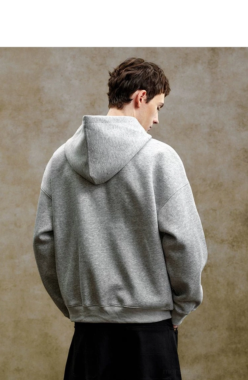 Back view of heather gray oversized pearl embroidered zip-up hoodie showing dropped shoulders clean back and attached hood