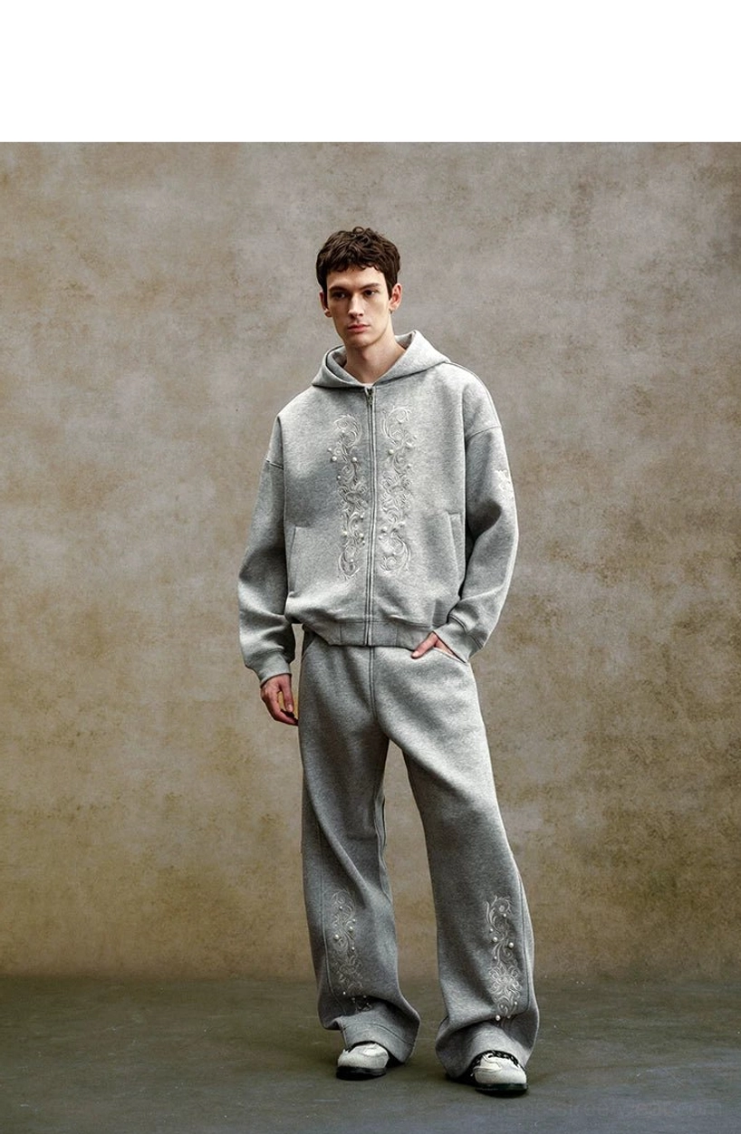 Heather gray pearl embroidered zip-up hoodie styled with coordinating sweatpants for a relaxed Seoul streetwear set