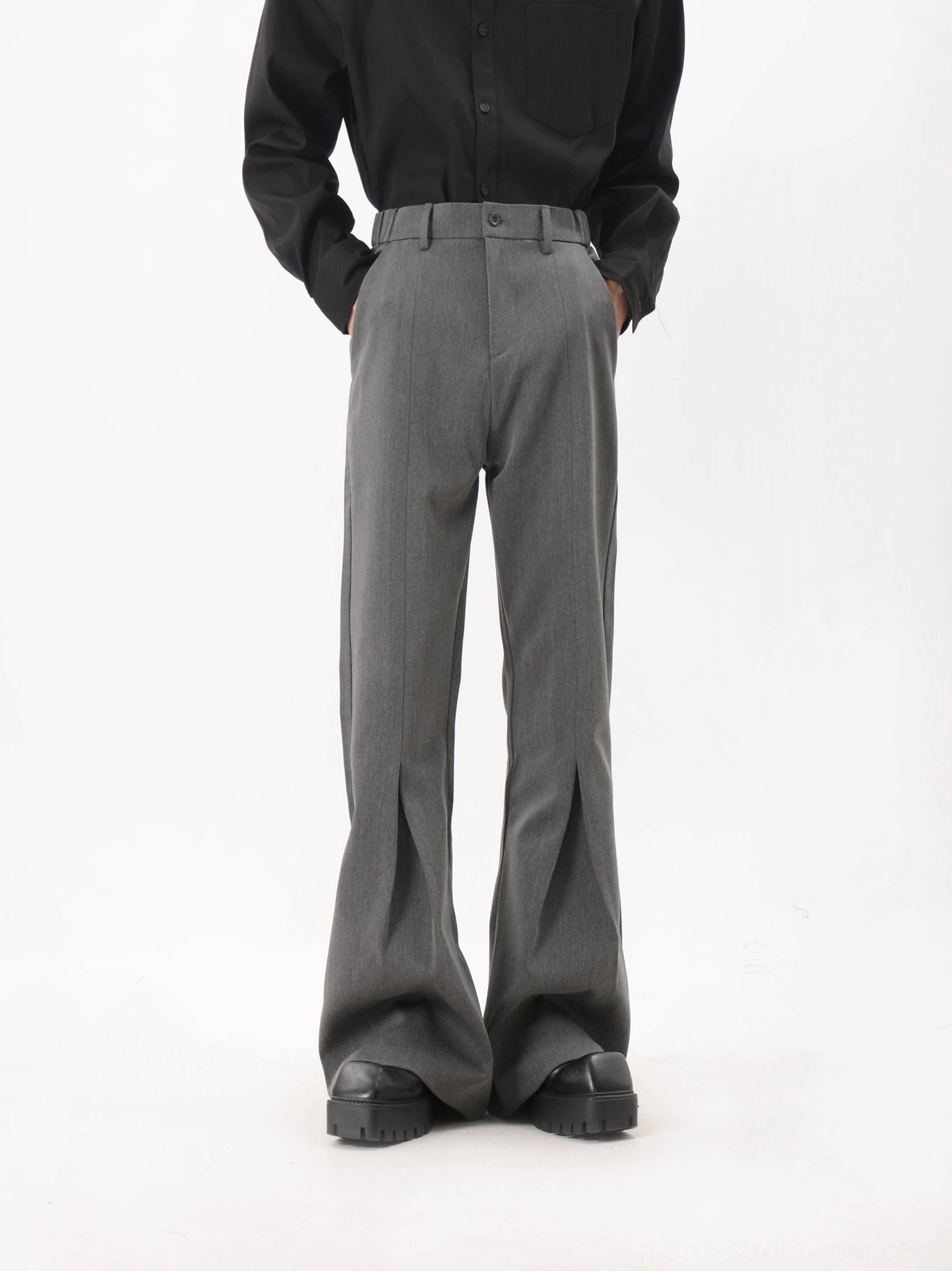 Heather gray tailored flare trousers with sculpted front crease and long wide-leg streetwear fit