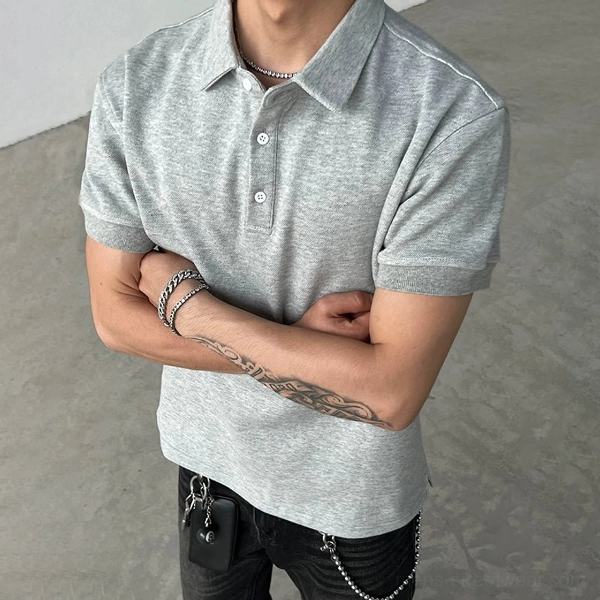 Heather gray short-sleeve polo shirt with textured fabric, classic collar, and front buttons in a contemporary Seoul-inspired menswear look
