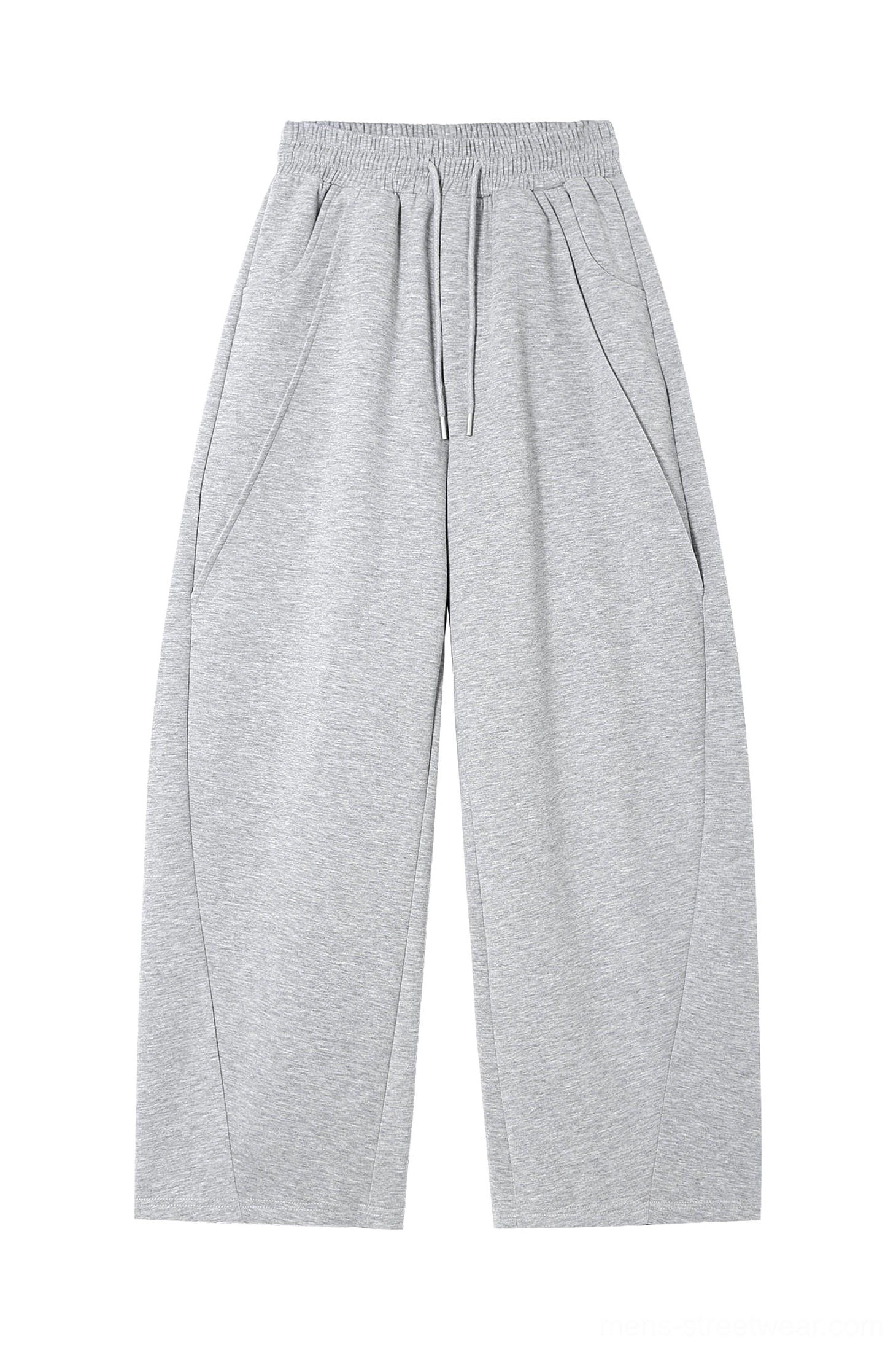 Heather gray slanted spliced wide-leg sweatpants displayed in a flat lay with drawstring waist and curved panel seams