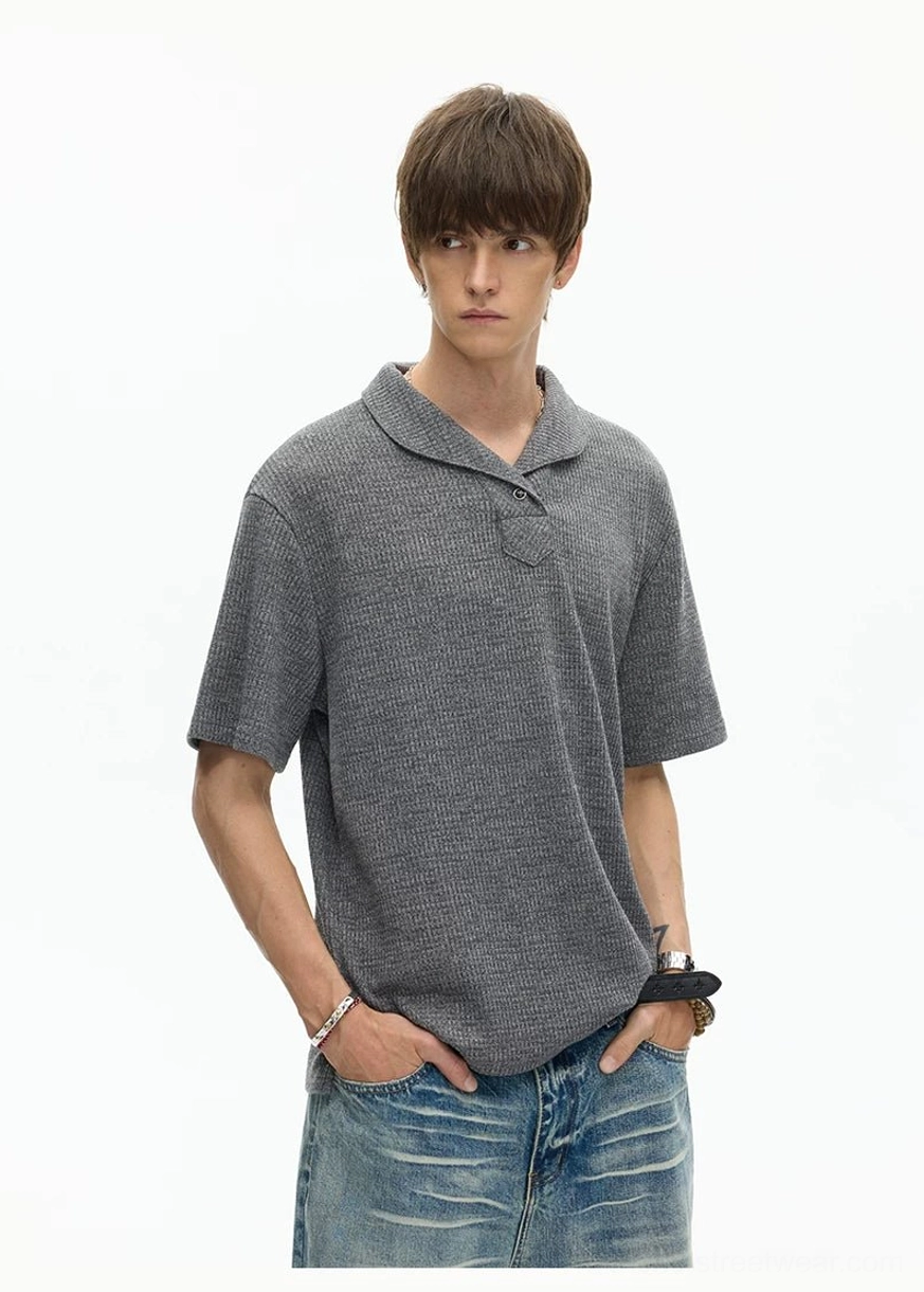 Heather gray textured knit polo tee with shawl collar and relaxed silhouette styled in a clean everyday Seoul streetwear look