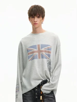 Heather gray Union Jack waffle knit long sleeve streetwear tee with faded chest flag print and relaxed loose fit