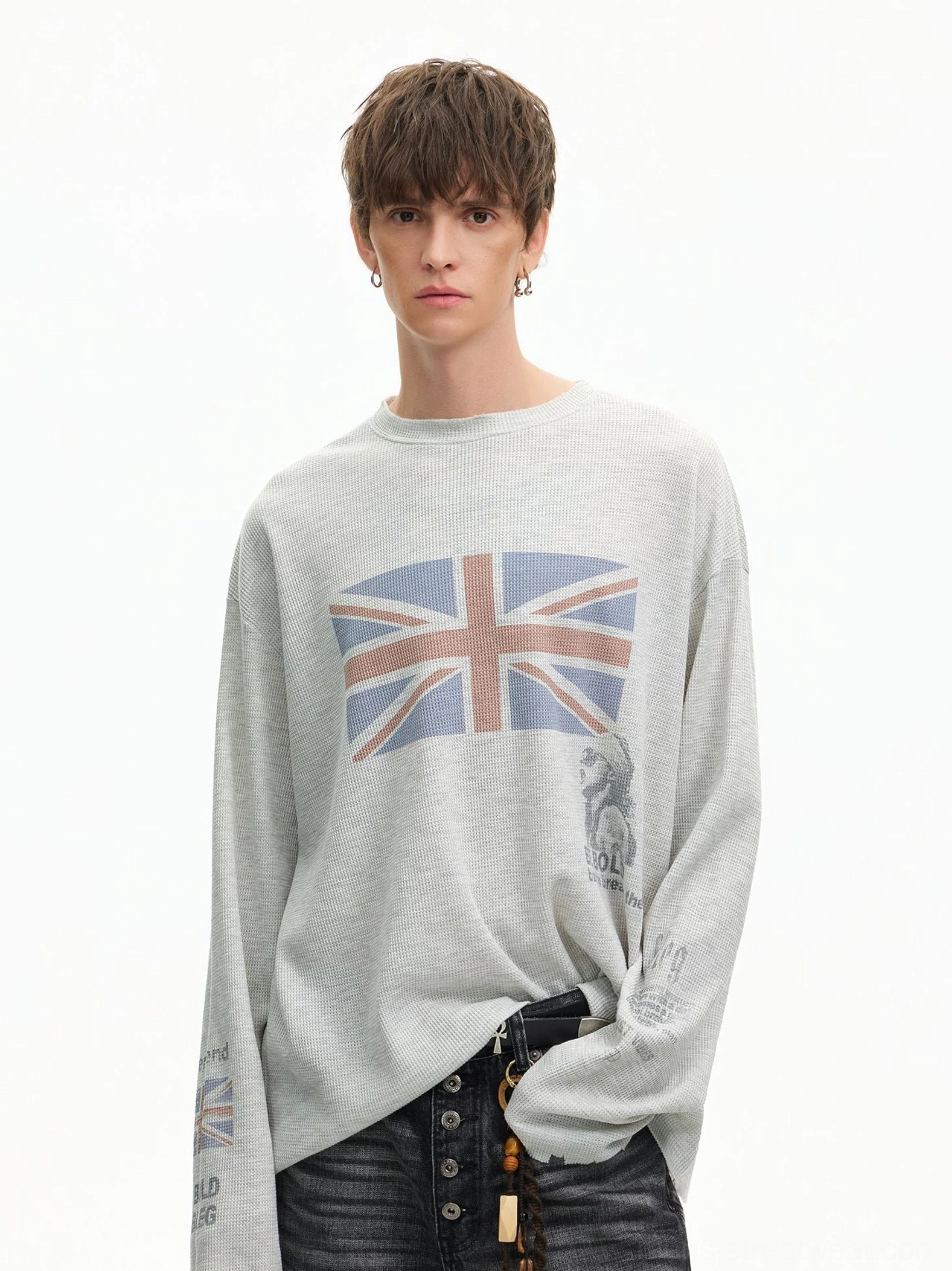 Heather gray Union Jack waffle knit long sleeve streetwear tee with faded chest flag print and relaxed loose fit