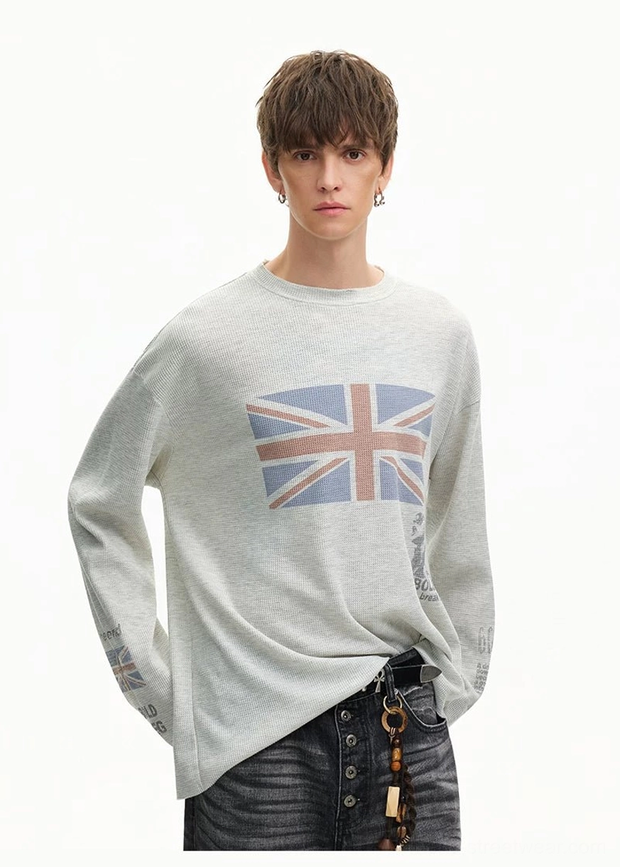 Heather gray Union Jack waffle knit long sleeve tee styled with dark wash denim in casual Seoul street fashion