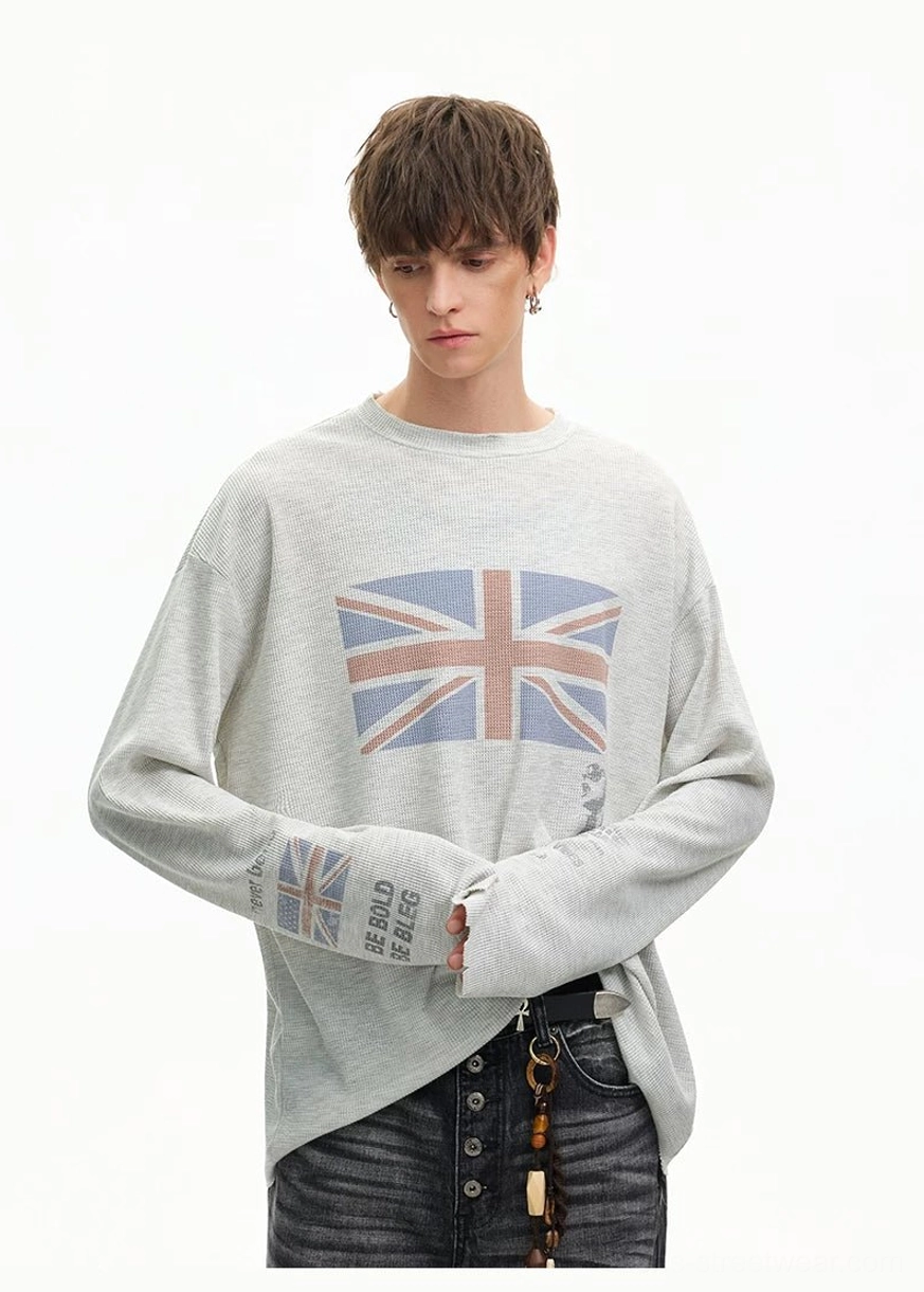 Heather gray waffle knit Union Jack long sleeve tee showing mini flag cuff print and extended relaxed sleeves