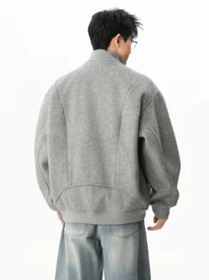 Rear view of heather gray wool stand collar zip bomber jacket showing the clean back panel and relaxed streetwear fit