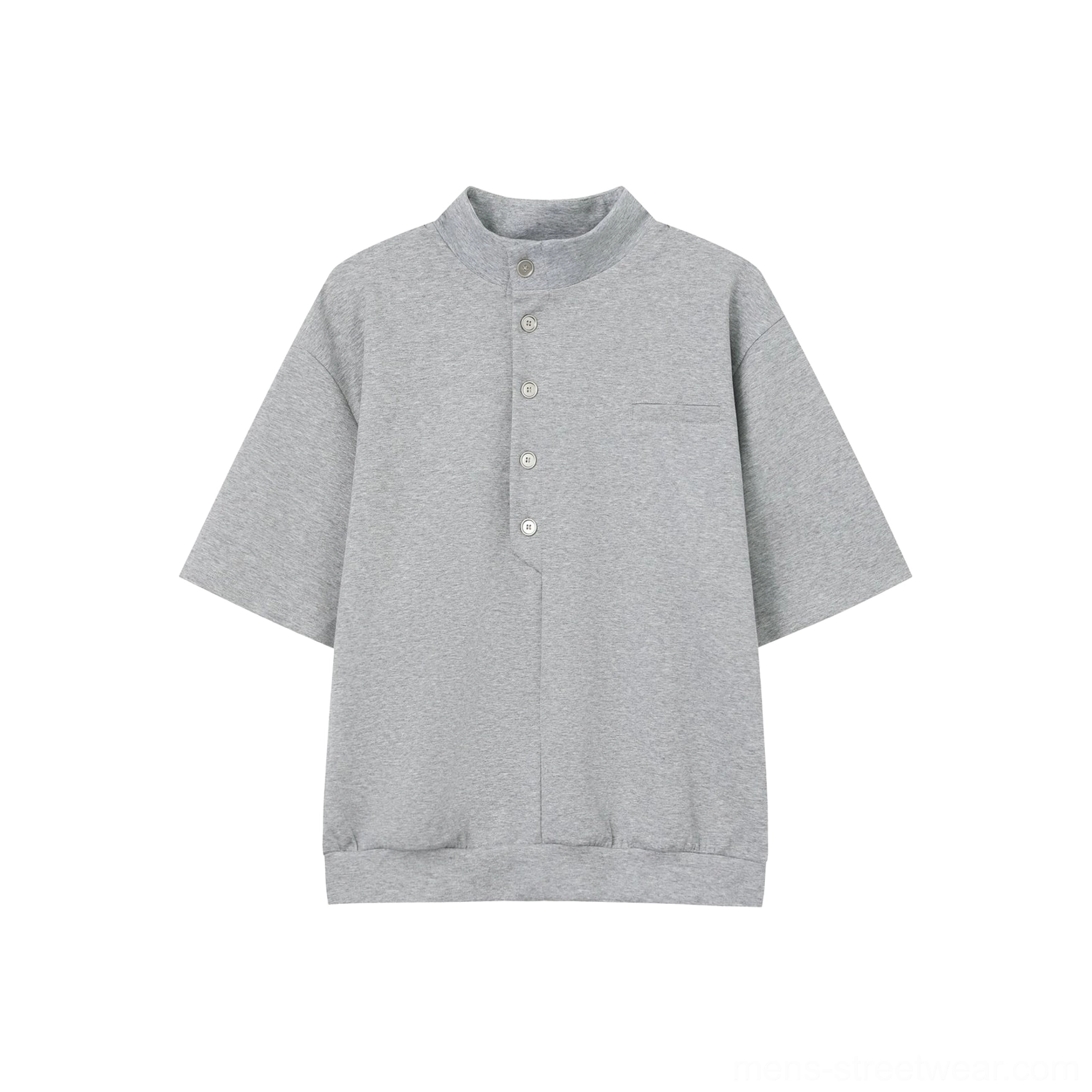 Heather grey men's stand collar Henley polo shirt flat lay with half-button placket chest pocket and ribbed hem