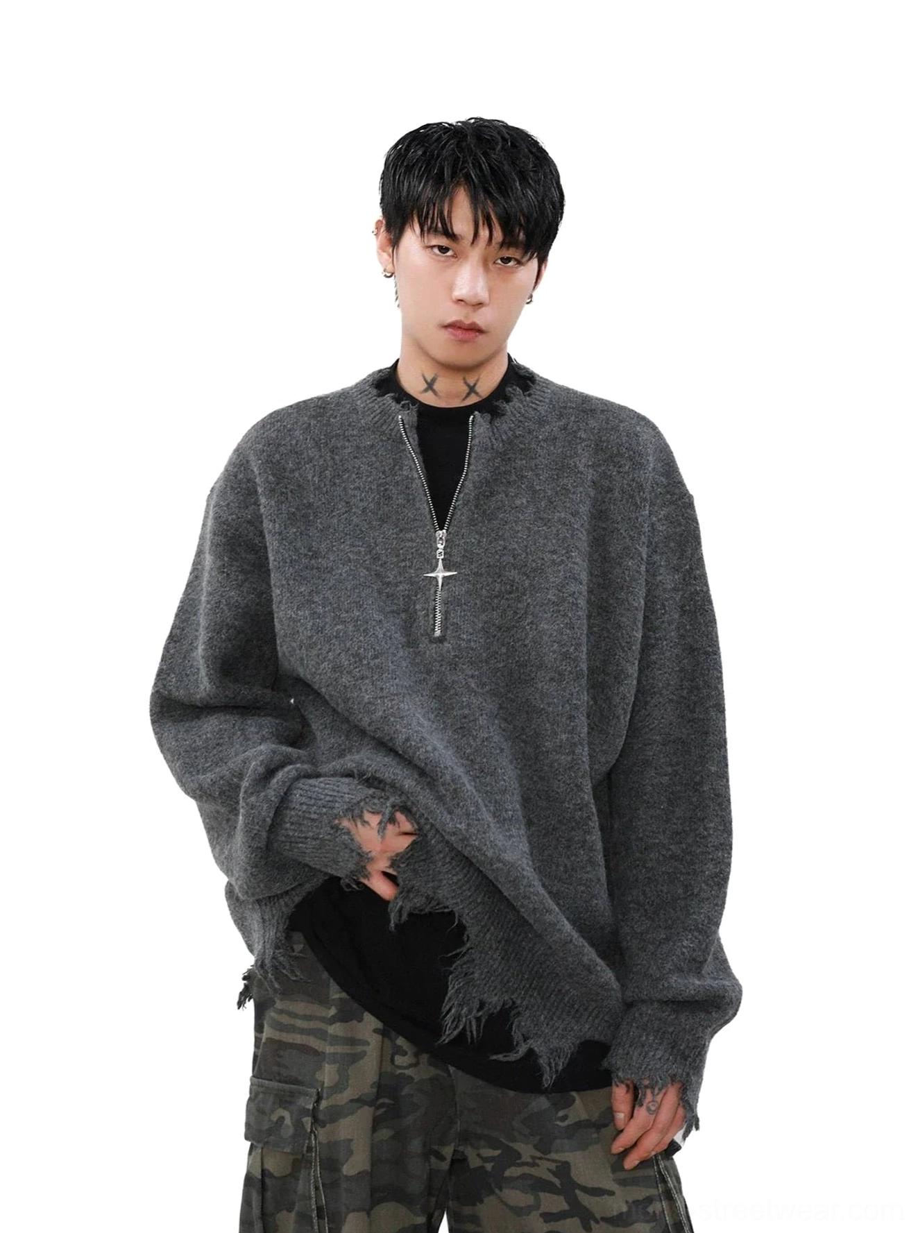 Heather grey oversized half-zip distressed sweater with frayed hem and thick knit texture in relaxed streetwear styling