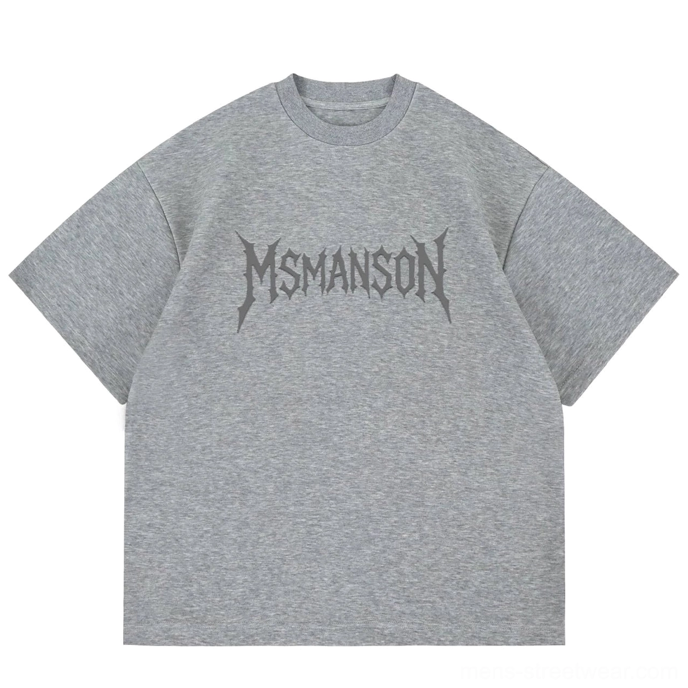 Flat lay of heather grey oversized cotton T-shirt with tonal gothic script graphic and relaxed boxy streetwear fit