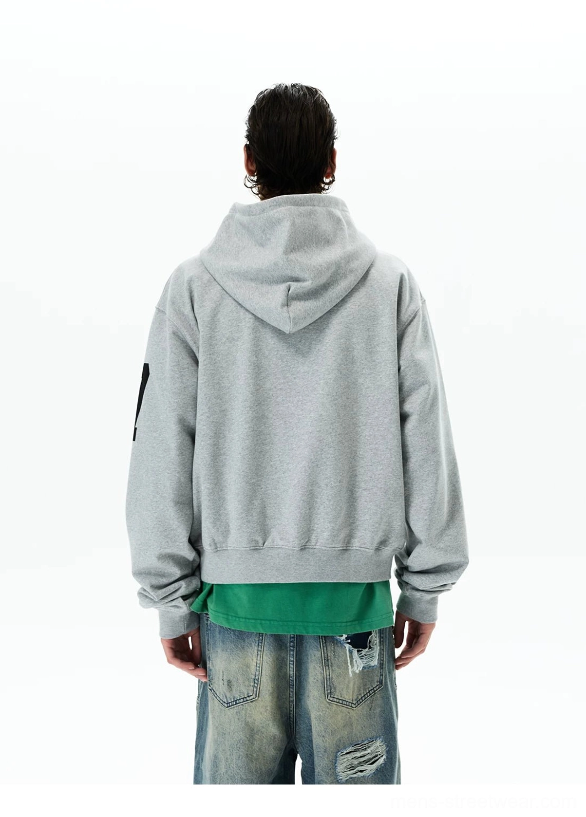 Rear view of a heather grey vintage crest zip hoodie with plain back, attached hood, relaxed sleeves, sleeve number 7, and Korean streetwear silhouette