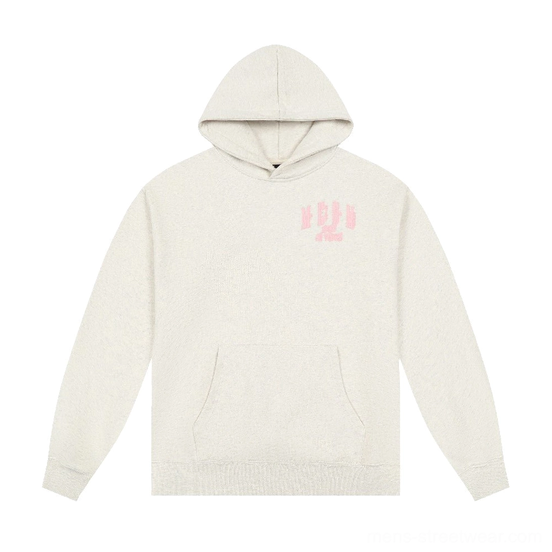 Heather oatmeal oversized hoodie with pink chest graphic, relaxed unisex fit, attached hood, and front kangaroo pocket