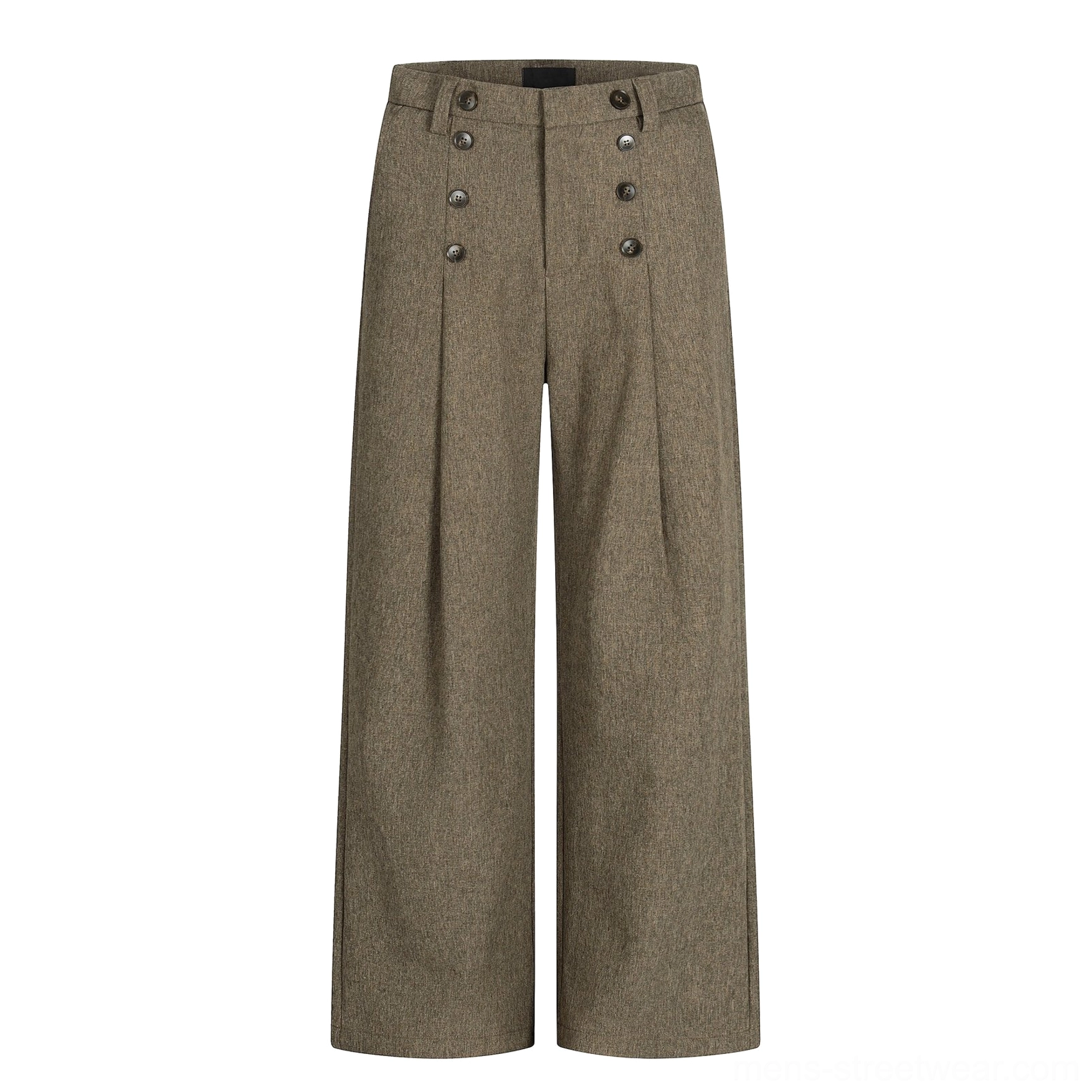 Flat lay display of heathered brown double-button wide-leg trousers with high waist, front pleats, belt loops, and straight wide-leg cut