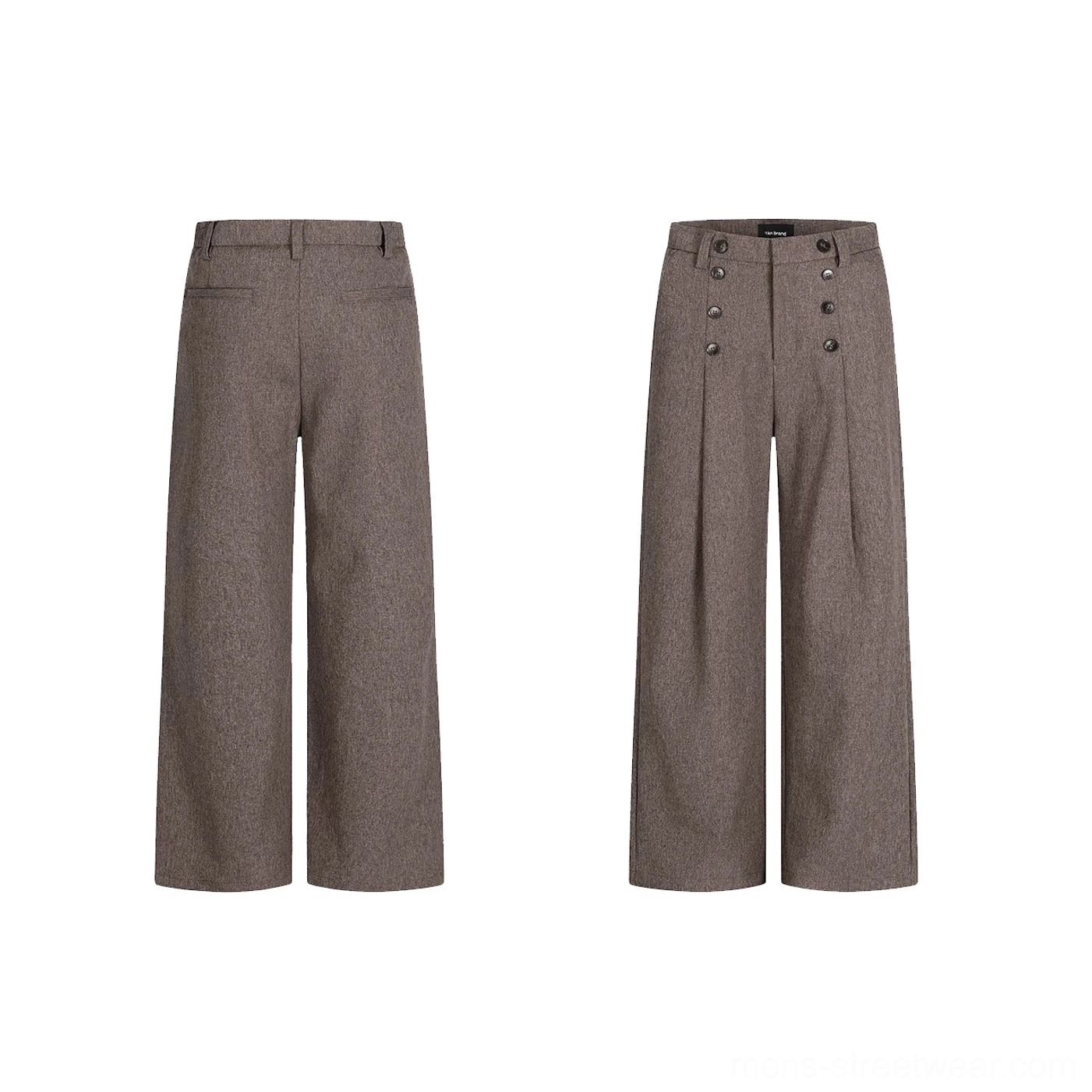 Flat lay front and back views of heathered brown wide-leg trousers showing double buttons pleats and back pocket