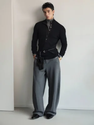 Heathered dark grey wide-leg tailored trousers full front view styled with black henley top and leather shoes