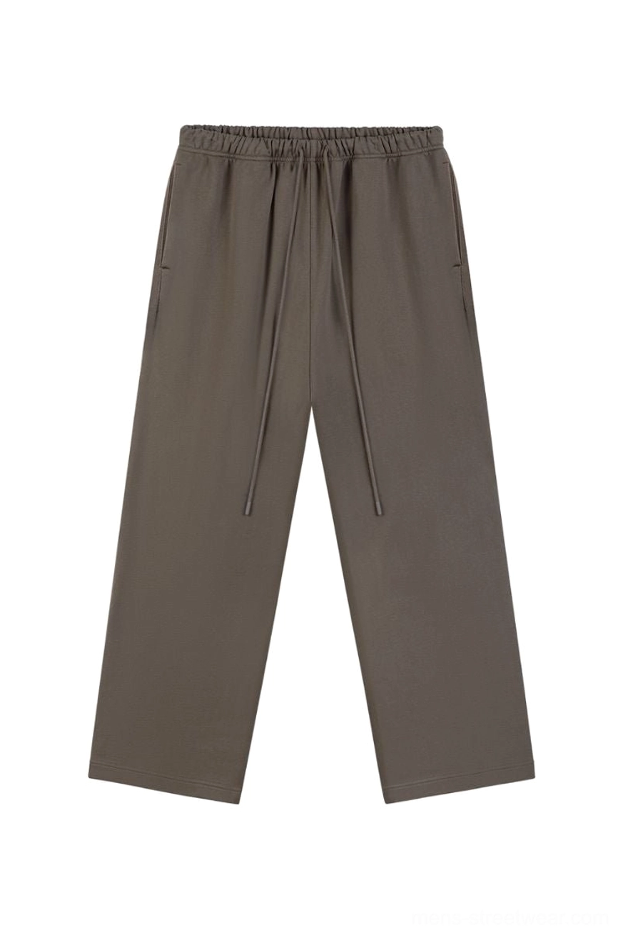 Coffee brown heavyweight 400GSM straight leg streetwear sweatpants flat lay front view with adjustable drawstring waist