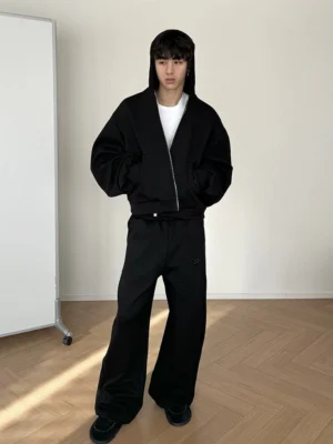 Black heavyweight boxy zip hoodie and wide-leg sweatpants oversized Korean streetwear set front view