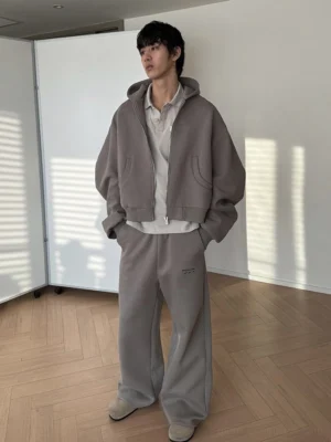 Taupe heavyweight boxy zip hoodie and wide-leg sweatpants streetwear set front three-quarter view