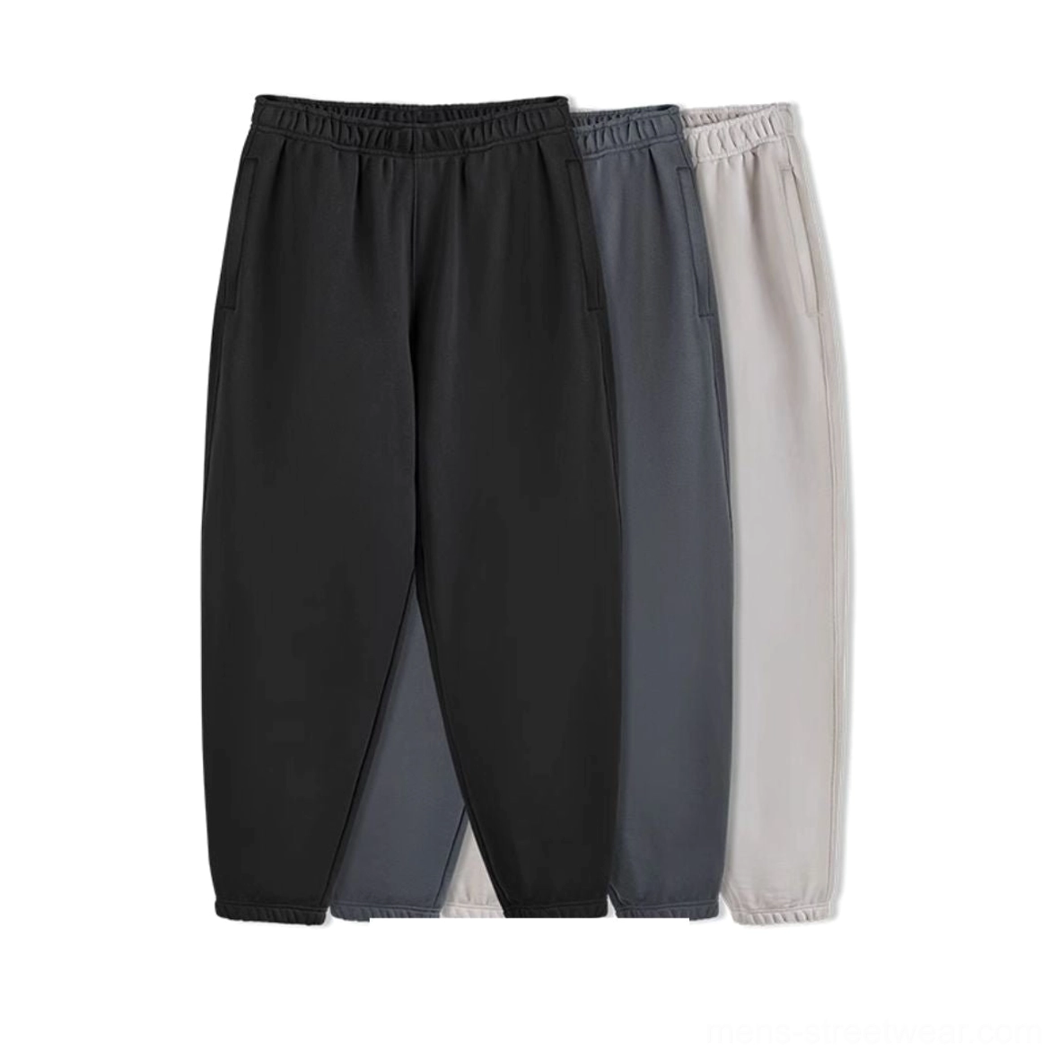 Heavyweight oversized sweatpants color collection showing black dark gray and khaki cotton joggers