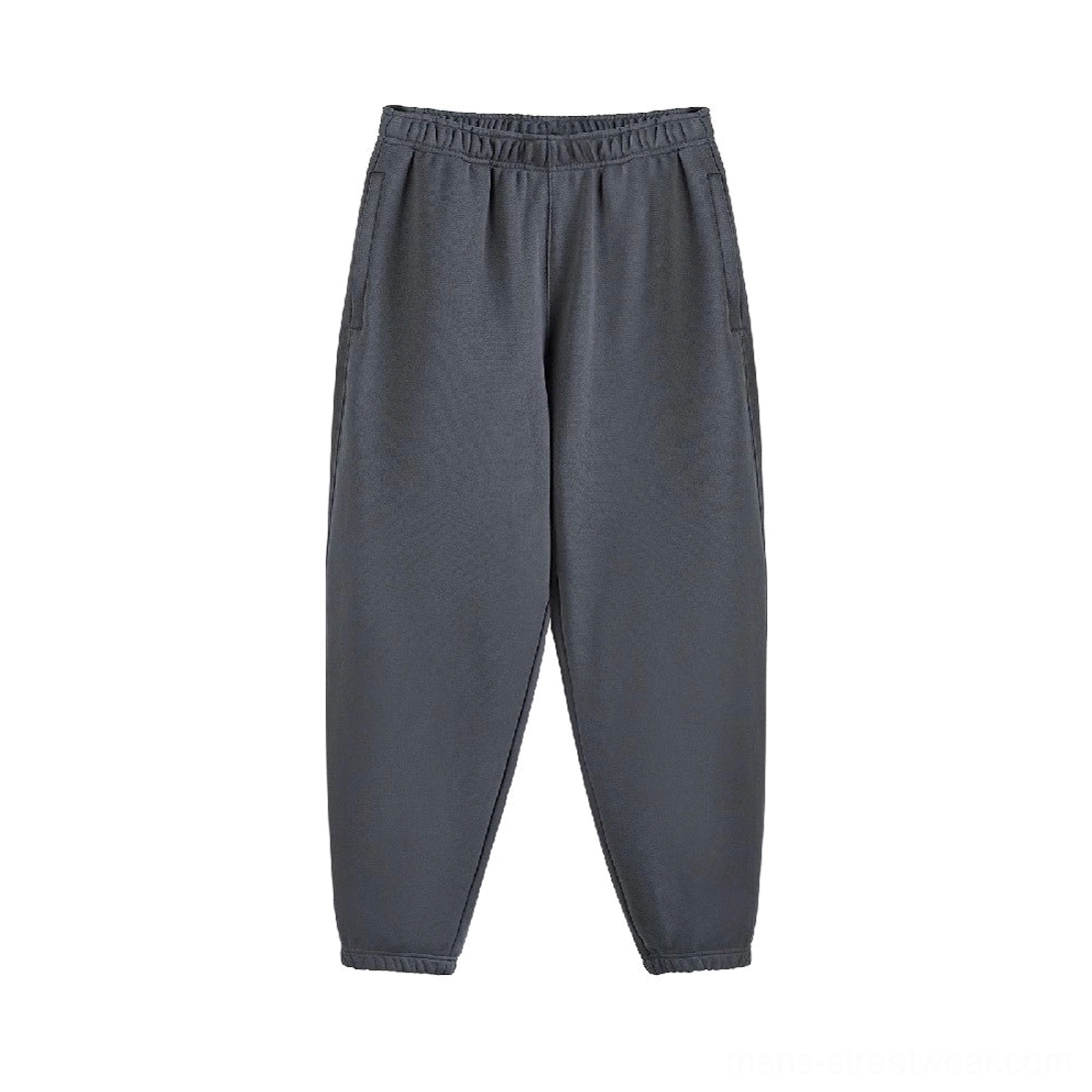 Dark gray heavyweight oversized cotton sweatpants with ribbed elastic waistband cuffs and side pockets