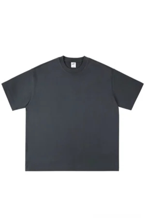 Charcoal grey heavyweight oversized drop shoulder cotton crew neck t-shirt front flat lay on white background