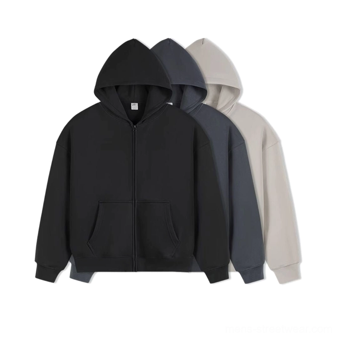 Black dark gray and khaki heavyweight oversized full zip fleece hoodie color options studio display