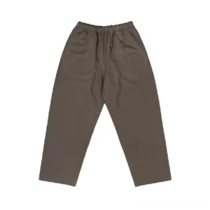 Dark coffee brown relaxed straight leg cotton sweatpants flat lay showing heavyweight knit texture and elastic drawstring waistband