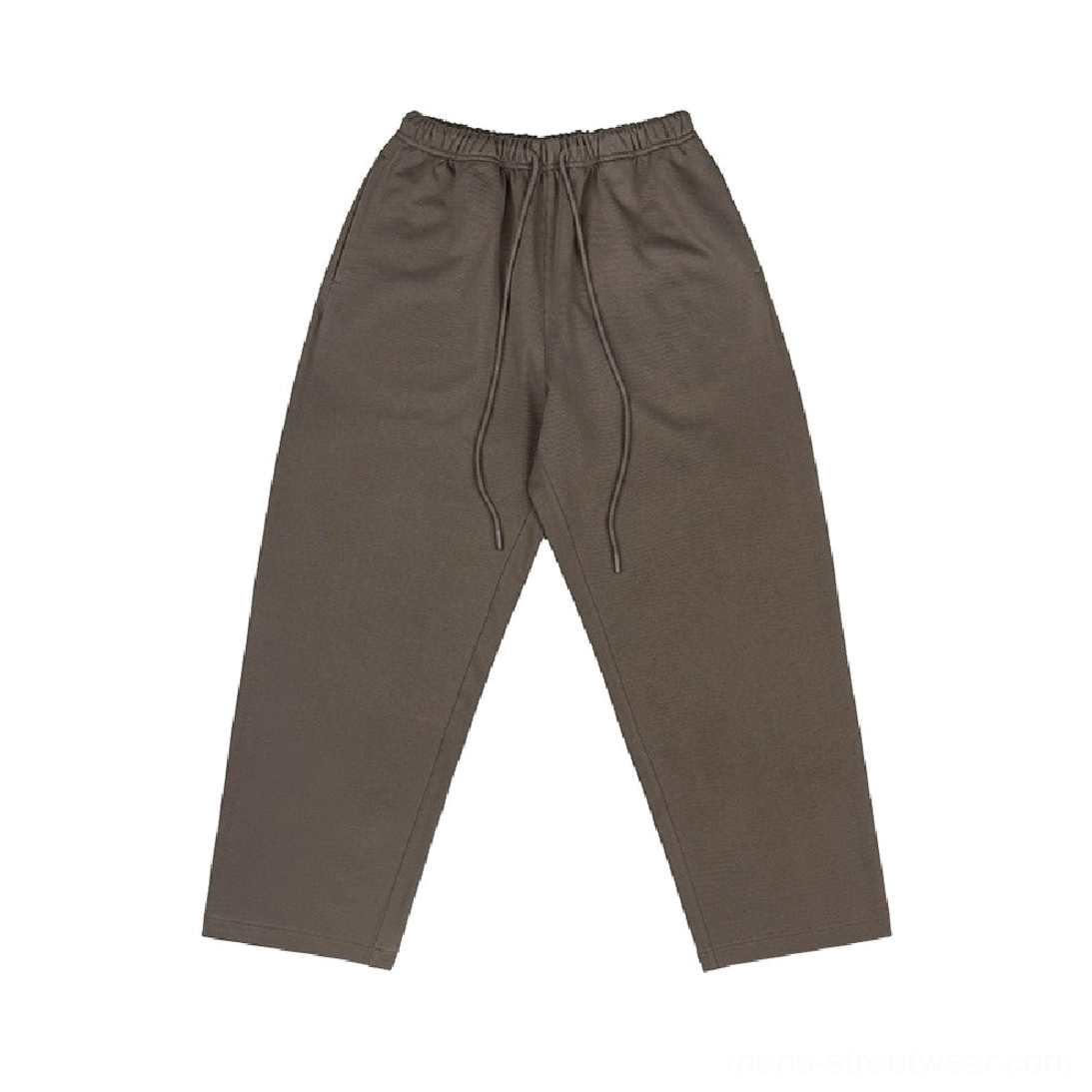 Dark coffee brown relaxed straight leg cotton sweatpants flat lay showing heavyweight knit texture and elastic drawstring waistband