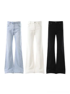 High rise flare jeans in light washed blue off white and black color options front flat lay streetwear pants