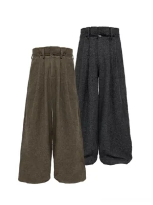 Flat lay display of high-waist wide-leg wool tweed trousers in Coffee Brown and Dark Gray with pleated fronts and belt loops