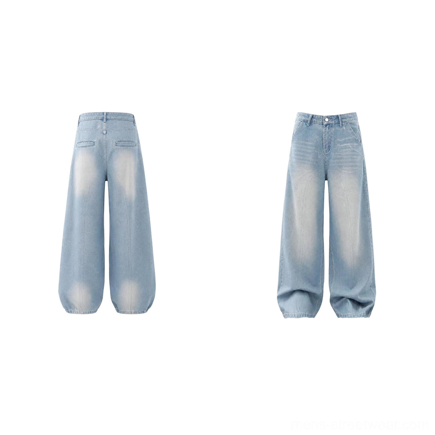 Flat lay front and rear display of high waisted acid wash wide leg denim jeans with faded wash streaks and rear patch pockets