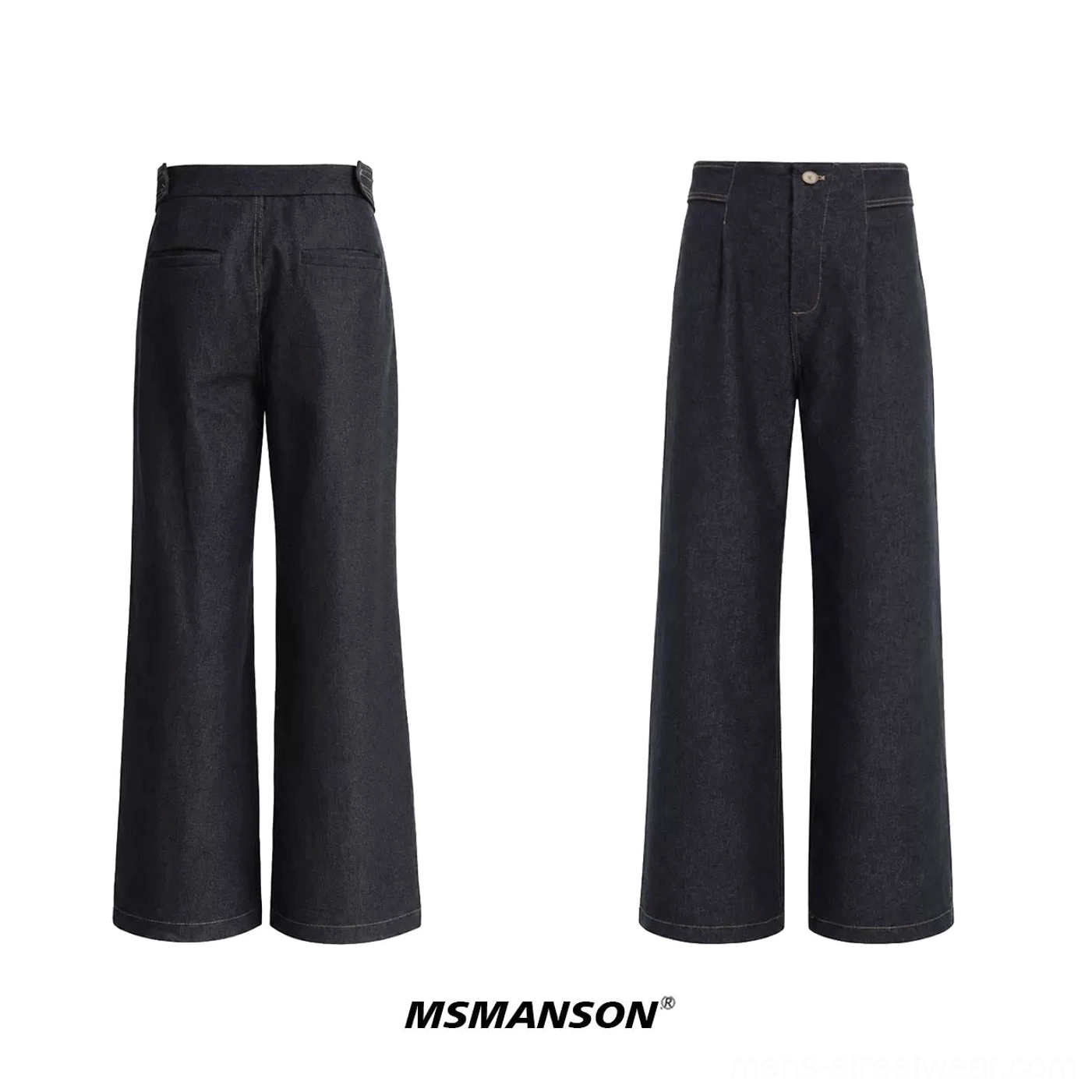 High-waisted black wide-leg denim trousers shown from the back with belt loops classic pockets and heavy denim construction