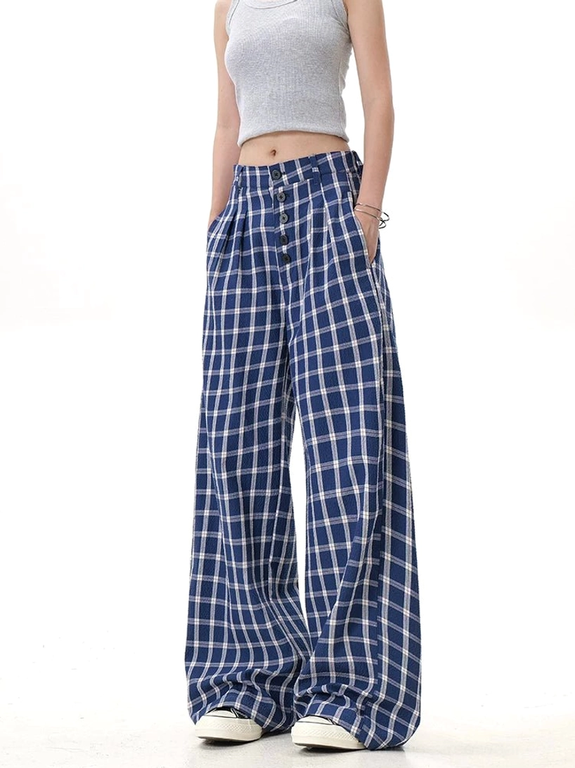High-waisted blue plaid wide-leg pants featuring tailored waist pleats and an oversized Korean streetwear silhouette