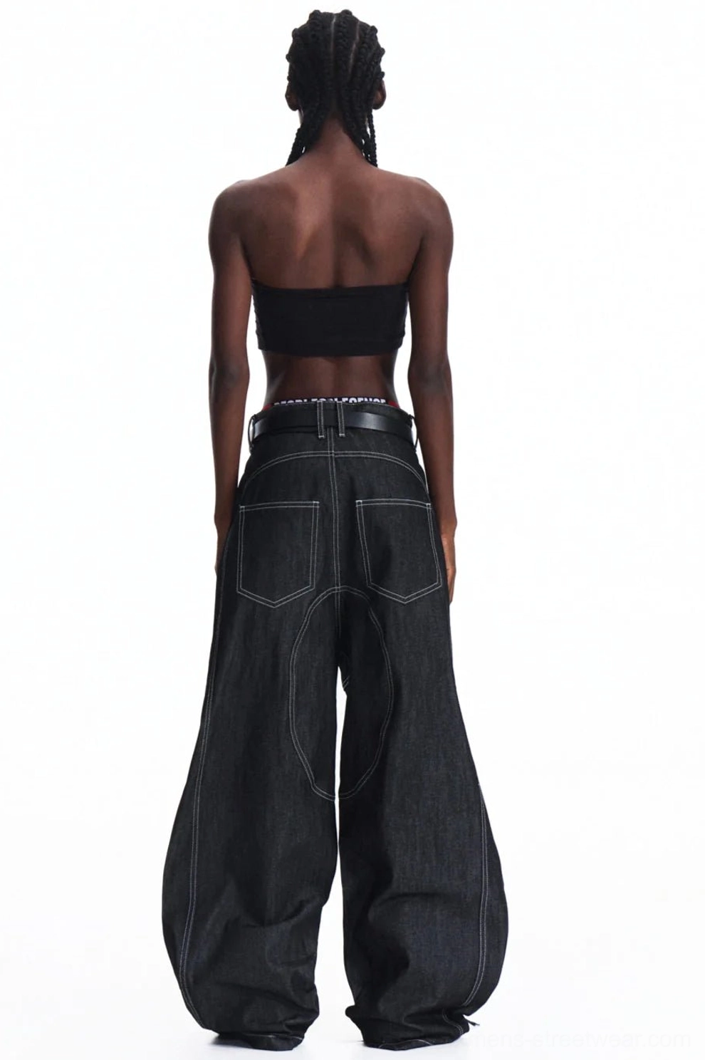 Full rear view of high-waisted men's dark wash wide-leg denim pants with classic back pockets, contrast stitching, and relaxed oversized fit