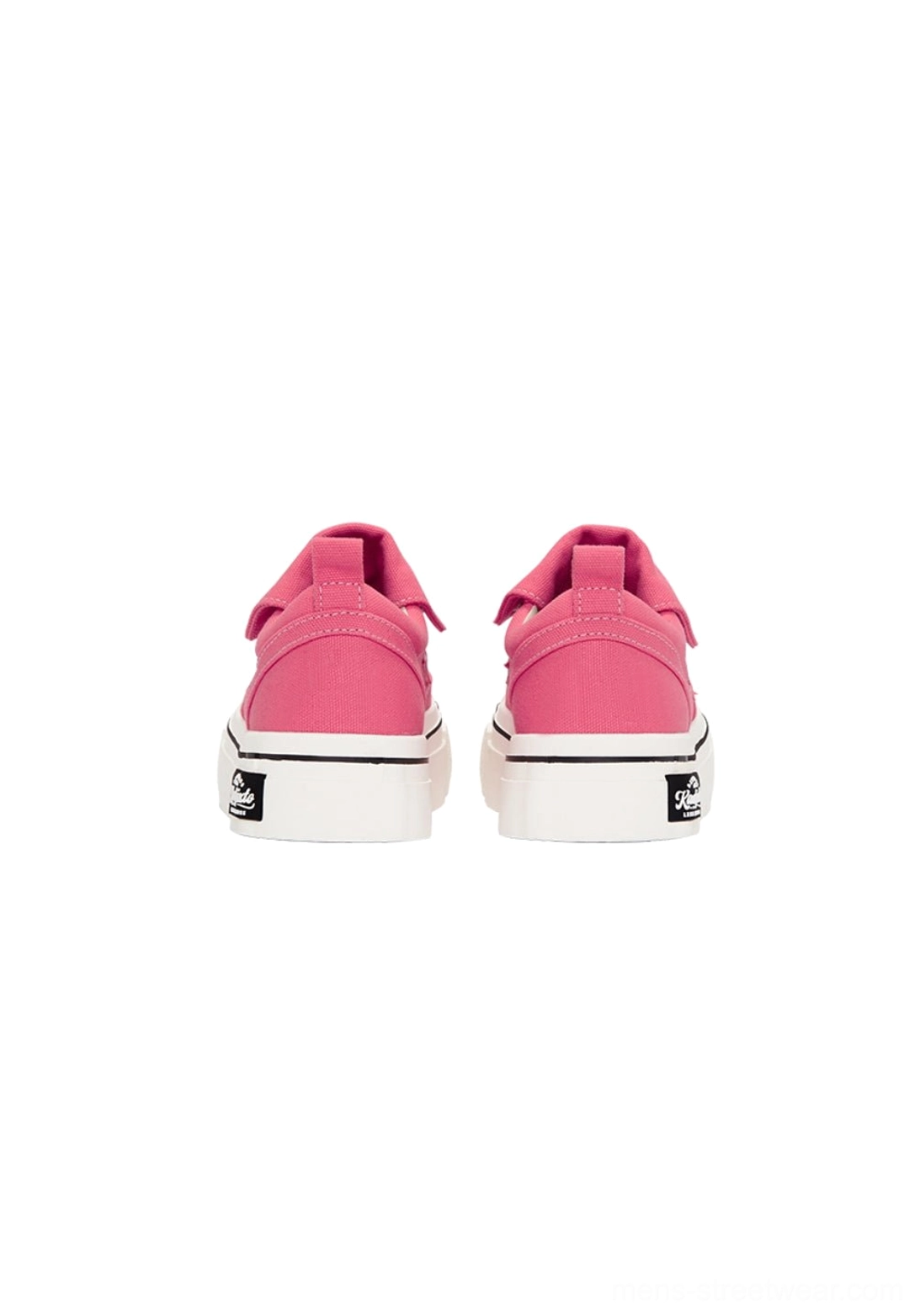 Rear view of hot pink canvas platform sneakers showing the matching pink heel panels, heel pull tabs, and white rubber outsoles