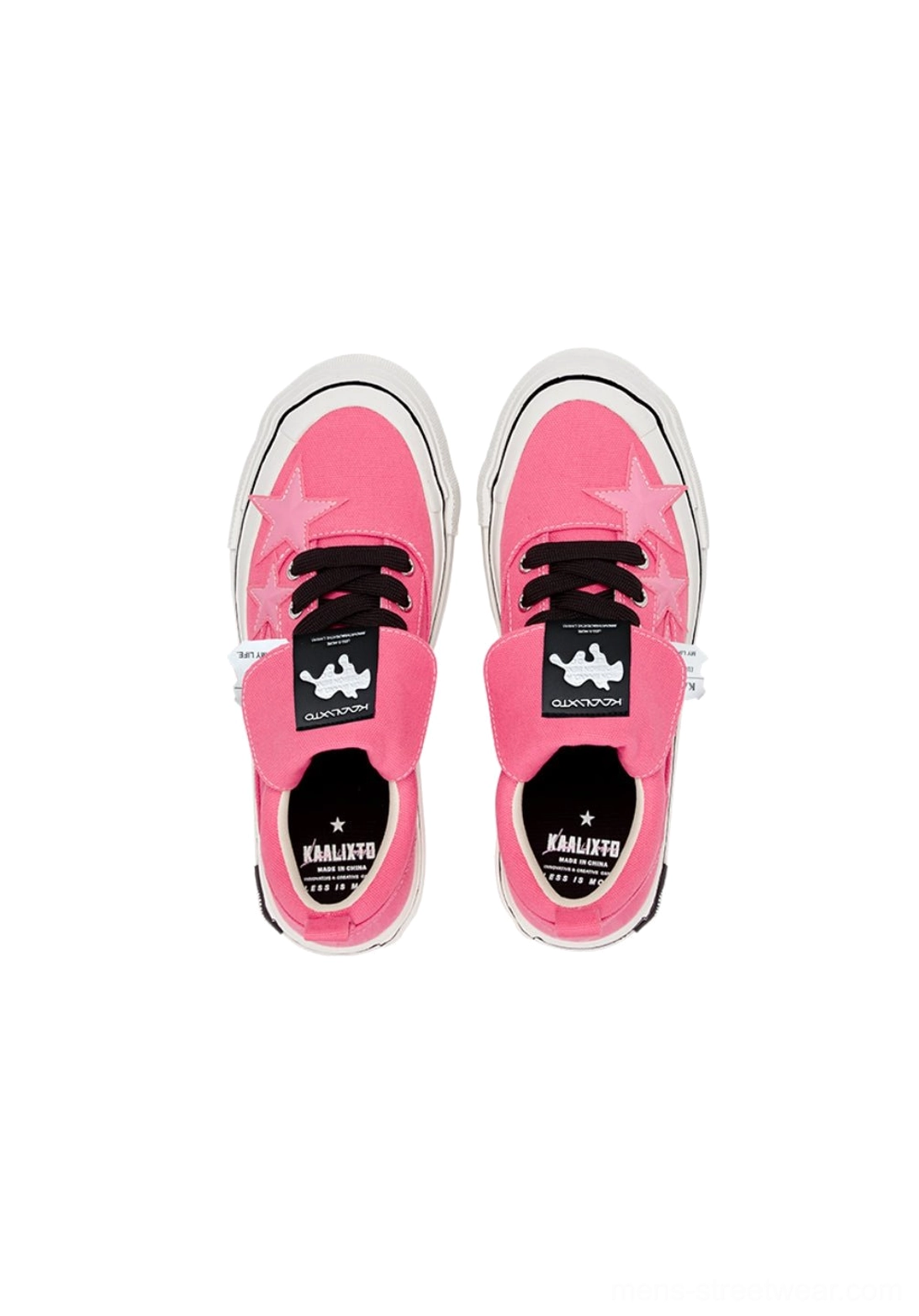 Top view of matching hot pink canvas platform sneakers showing printed insoles, black laces, bright pink uppers, and white soles