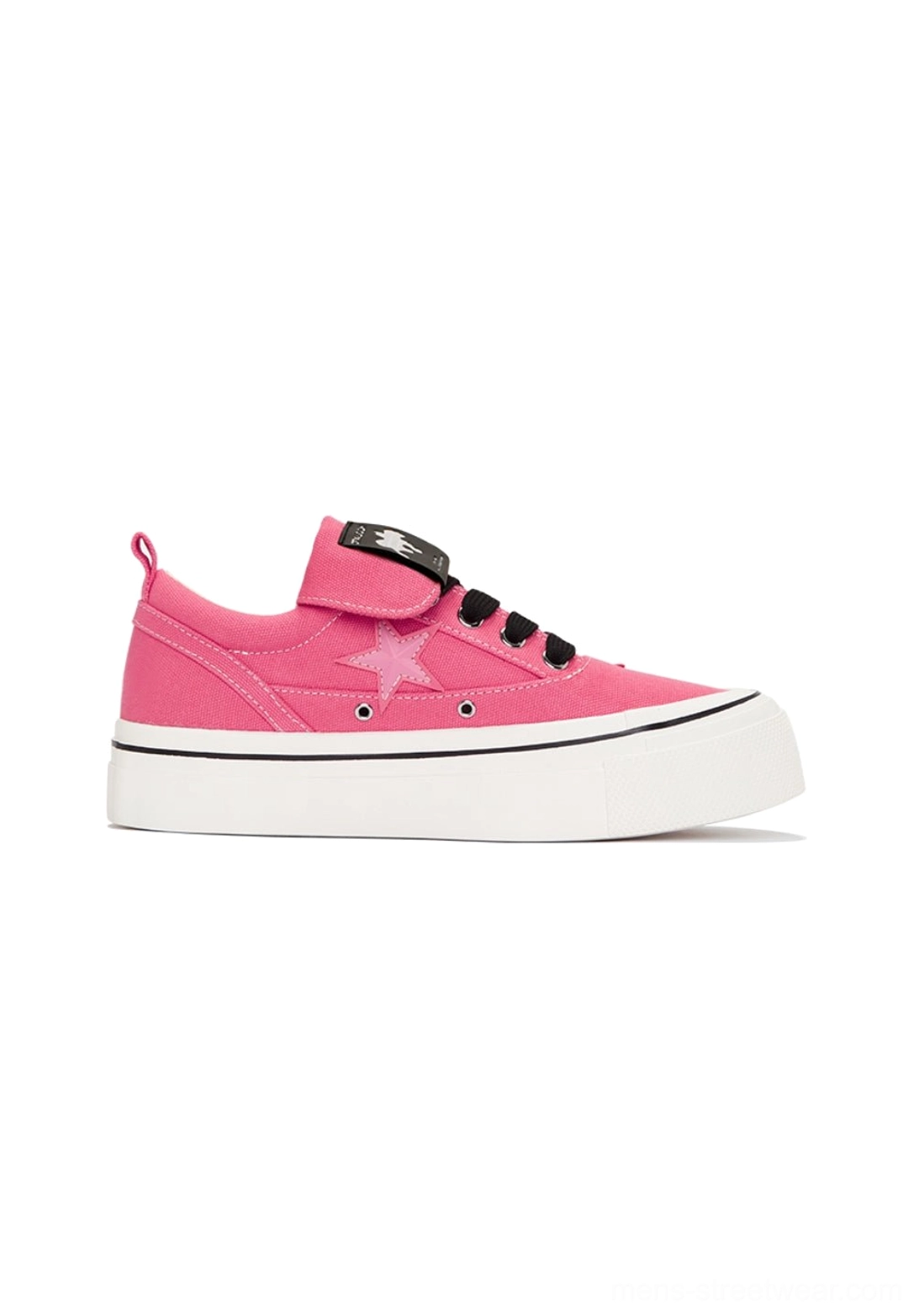Single hot pink star panel canvas platform sneaker shown from the right side with Velcro strap, star detail, and anti slip rubber outsole