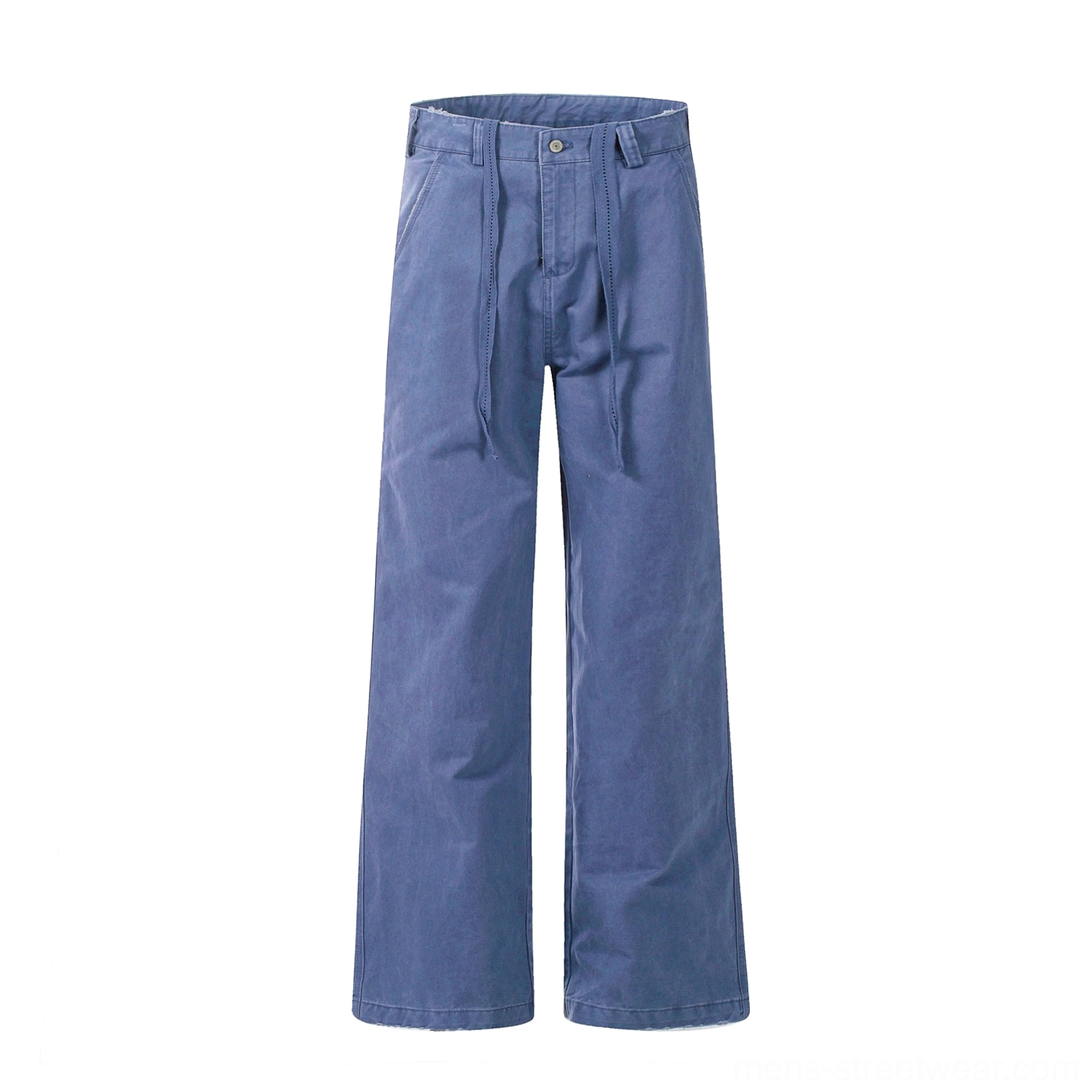 Flat lay of elegant indigo blue cleanfit straight-leg pants with adjustable drawstring waist and minimalist wide-leg silhouette
