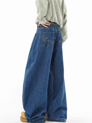 Indigo balloon wide-leg jeans rear three-quarter view showing contrast stitching and single back pocket detail