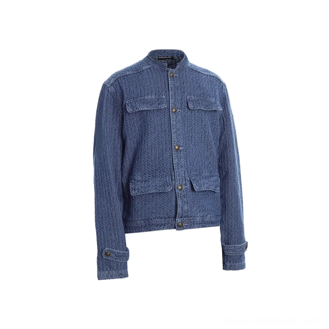 Indigo textured ranch chore jacket product view showing metal button front stand collar and four flap pockets
