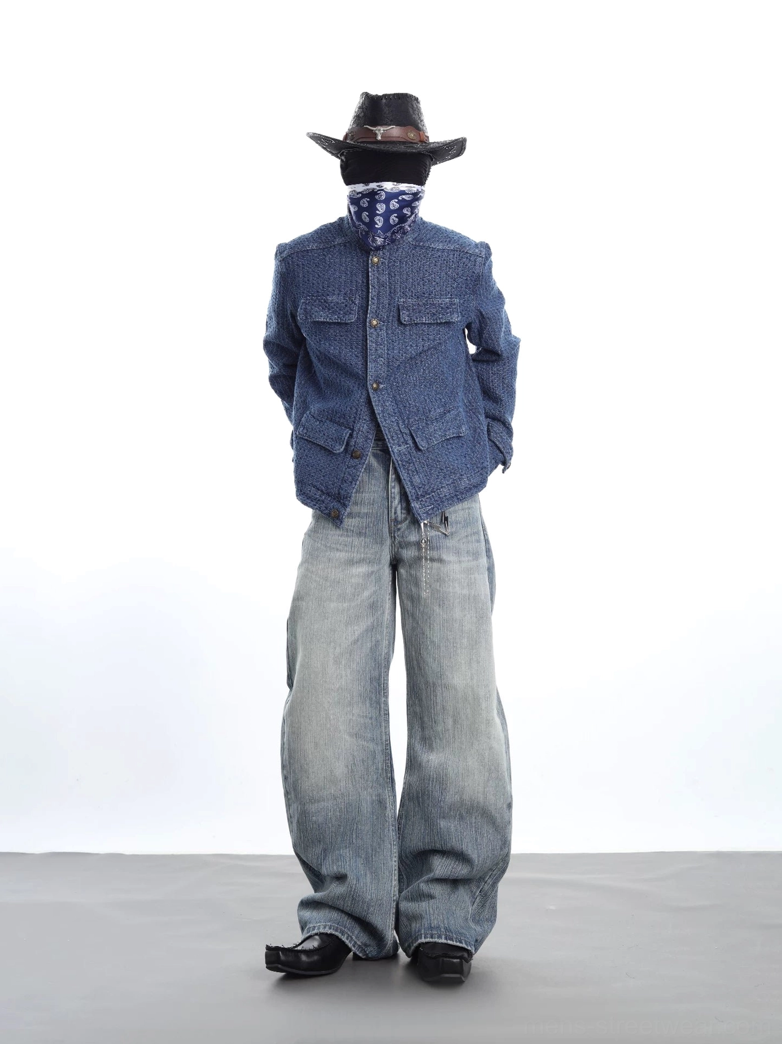 Textured indigo ranch jacket styled with faded wide leg jeans in a modern western streetwear outfit