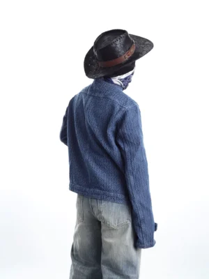 Indigo woven workwear ranch jacket rear three quarter view showing relaxed boxy streetwear fit