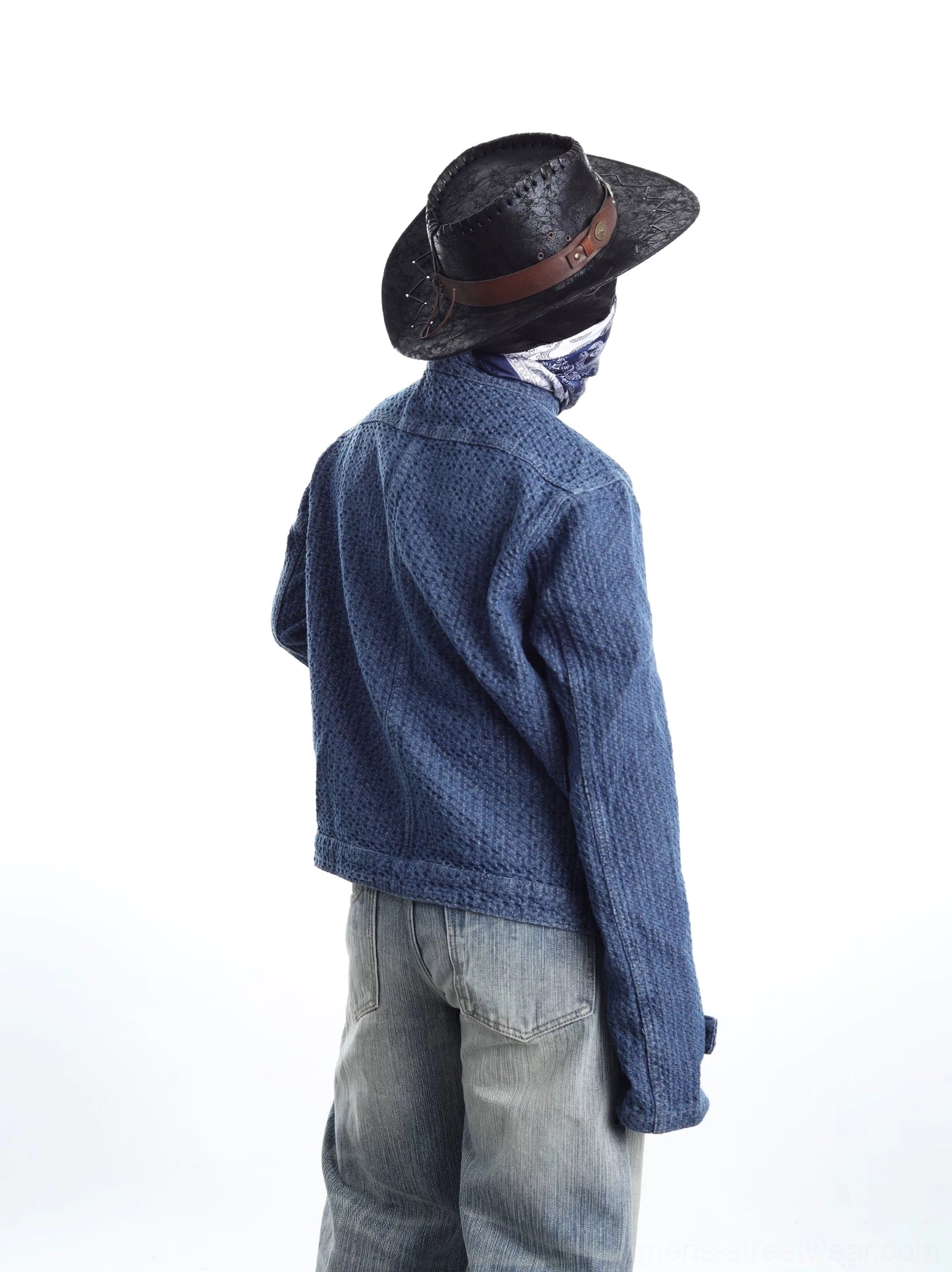 Indigo woven workwear ranch jacket rear three quarter view showing relaxed boxy streetwear fit