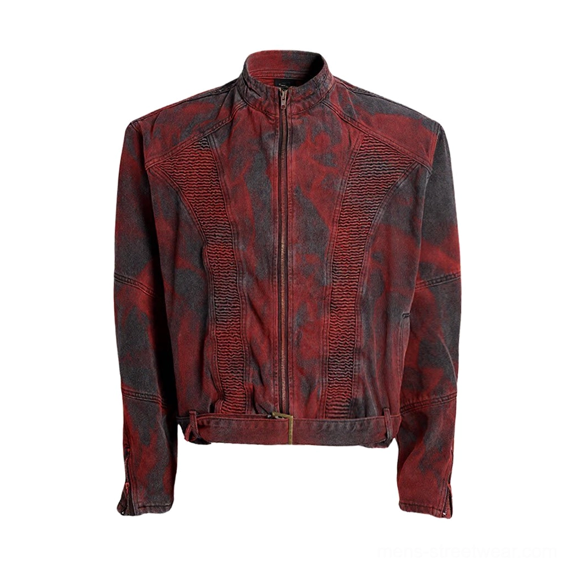 Front flat lay of distressed red and charcoal ruched denim biker jacket with full metal zipper, stand collar, chest panels, and adjustable waist strap
