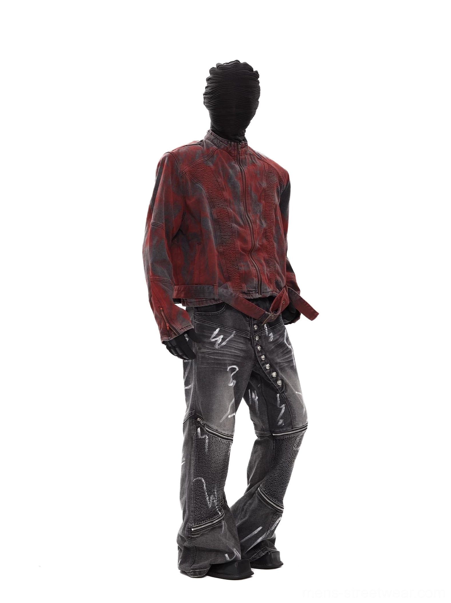 Right side and back view of distressed red charcoal denim biker jacket showing ruched sleeve texture, cropped hem, and structured streetwear fit