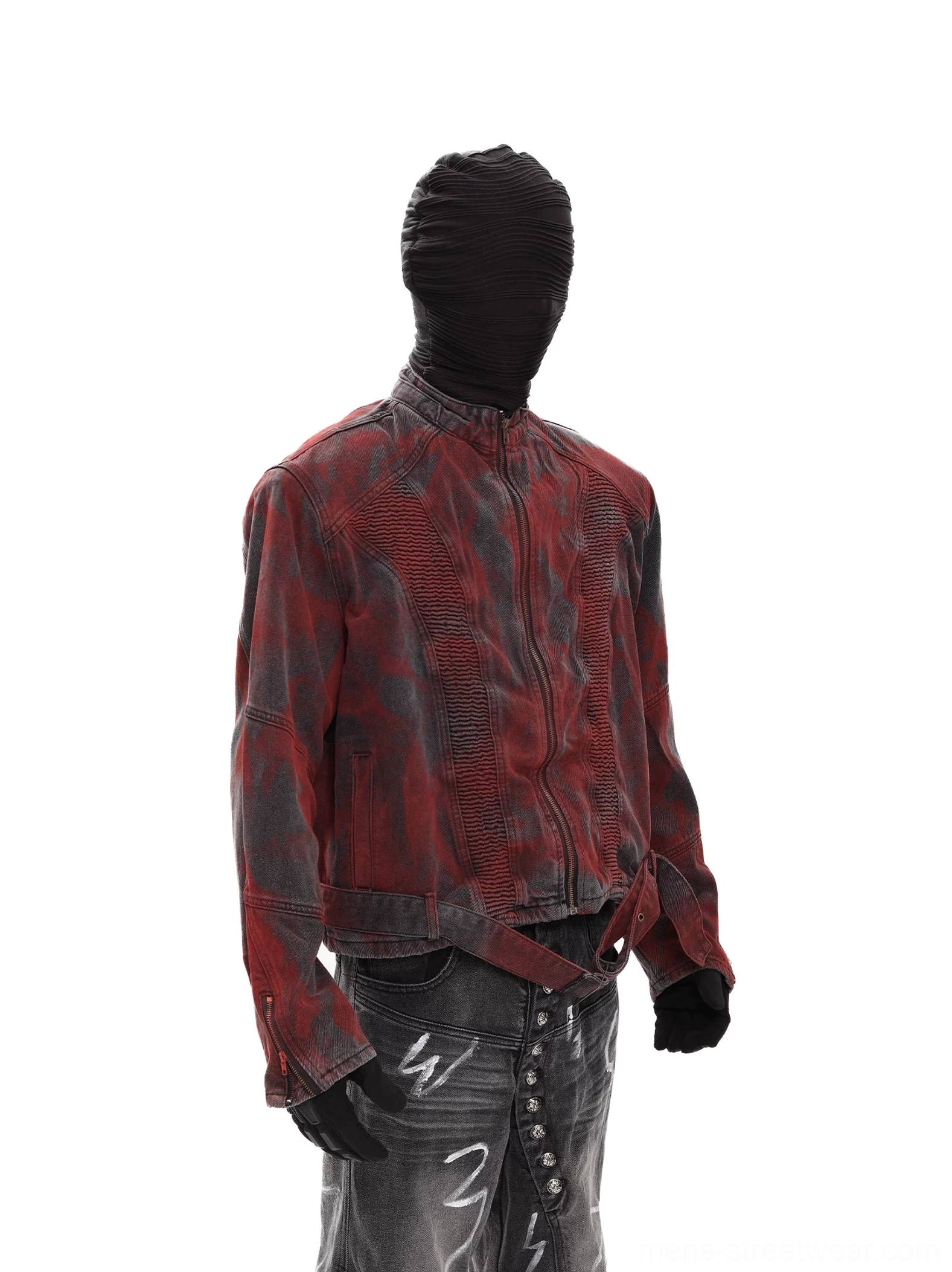 Left side view of red black washed biker denim jacket showing vertical accordion ruched panels, fitted cropped silhouette, and sculpted sleeves